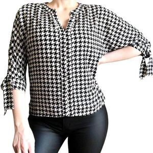 New York & Company Womens Top Small Houndstooth Blouse Flowy Career Office